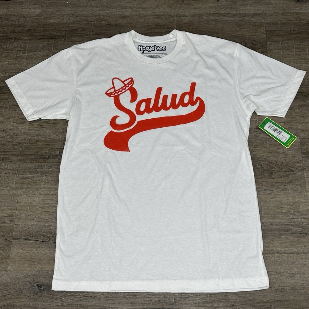 Tipsy Elves Salud T-shirt White Mens Small NWT Red Lettering Short Sleeve